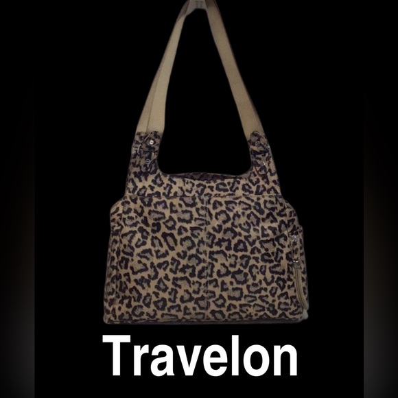 Travelon Leopard Print Shoulder Bag, Polyester, Water Bottle Side Pocket, RFID - Picture 1 of 14